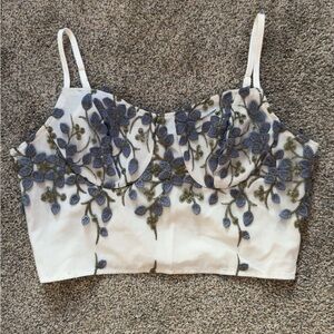 SHEIN White and Blue Floral Embroidered Crop Top